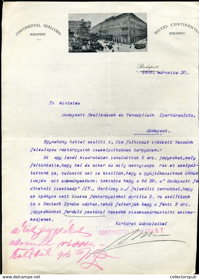 BUDAPEST 1916. Hotel Continental , Fejléces Céges , érdekes Levél (felesleges Réztárgyak Beszolgáltatása)  /  Hotel Cont - Non Classés