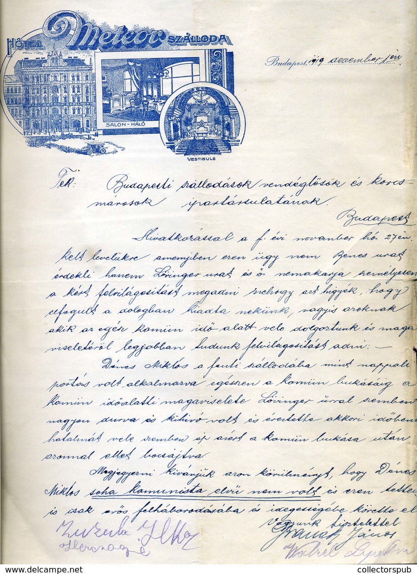 BUDAPEST 1919. Hotel Meteor Szálloda , Fejléces Céges , érdekes Levél ( Feljelentés A Tanácsköztársaság Alatti Magatartá - Non Classés