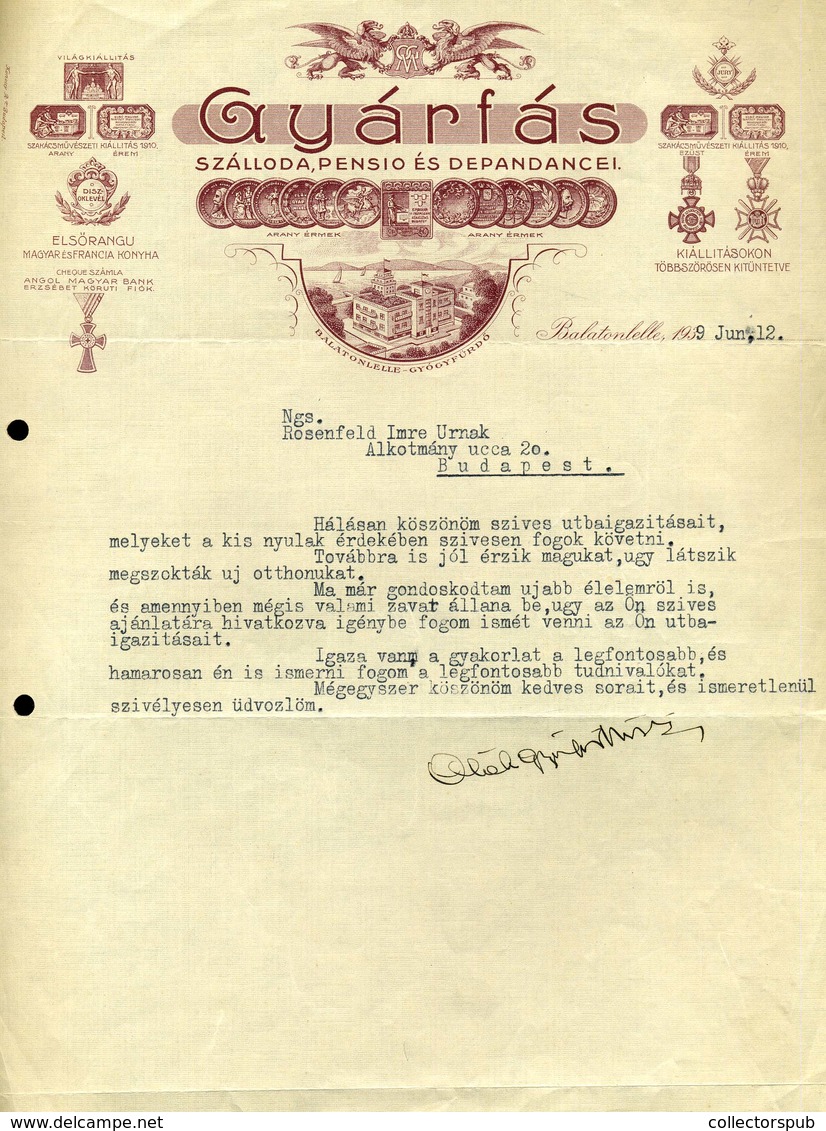 BALATONLELLE 1939. Gyárfás Szálloda Pensió , Fejléces Levél  /  Hotel Letterhead Letter - Unclassified