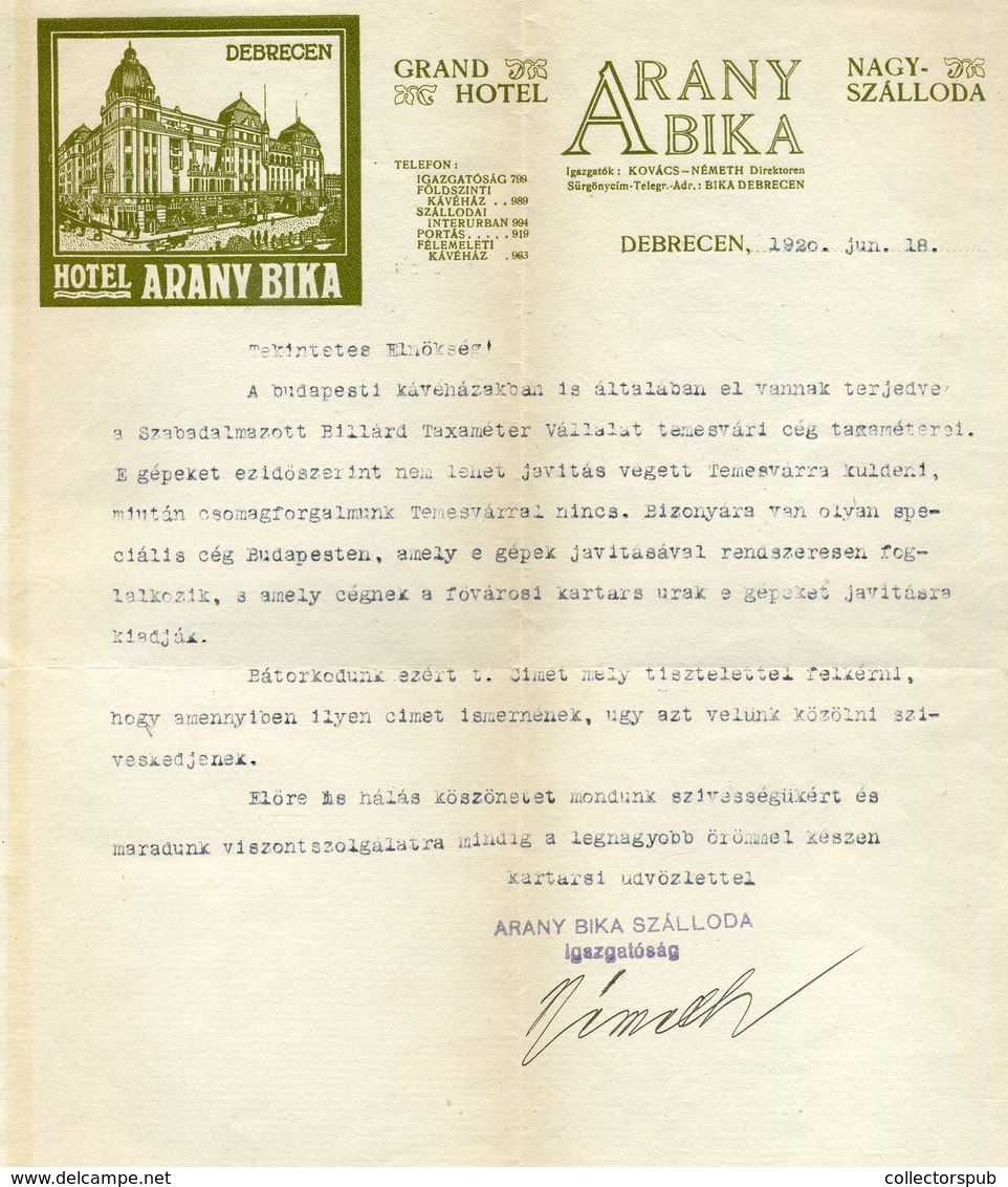 DEBRECEN 1920. Arany Bika Nagyszálloda  , Fejléces Levél  /  Golden Bull Grand Hotel, Letterhead Letter - Unclassified