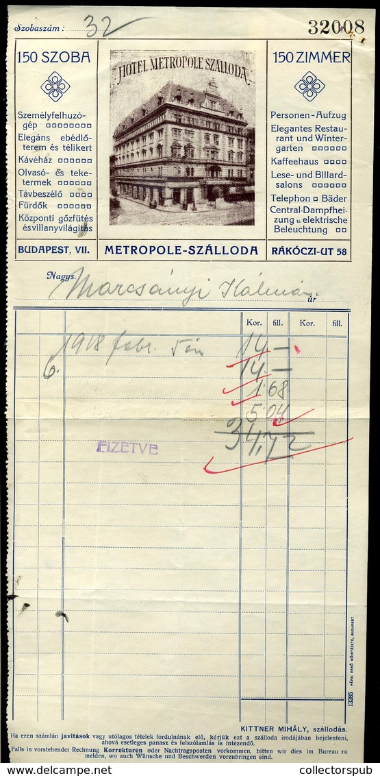 BUDAPEST 1915. Cca. . HOTEL Metropole Szálloda  , Fejléces,céges Levél  /  Letterhead Corp. Letter - Non Classés