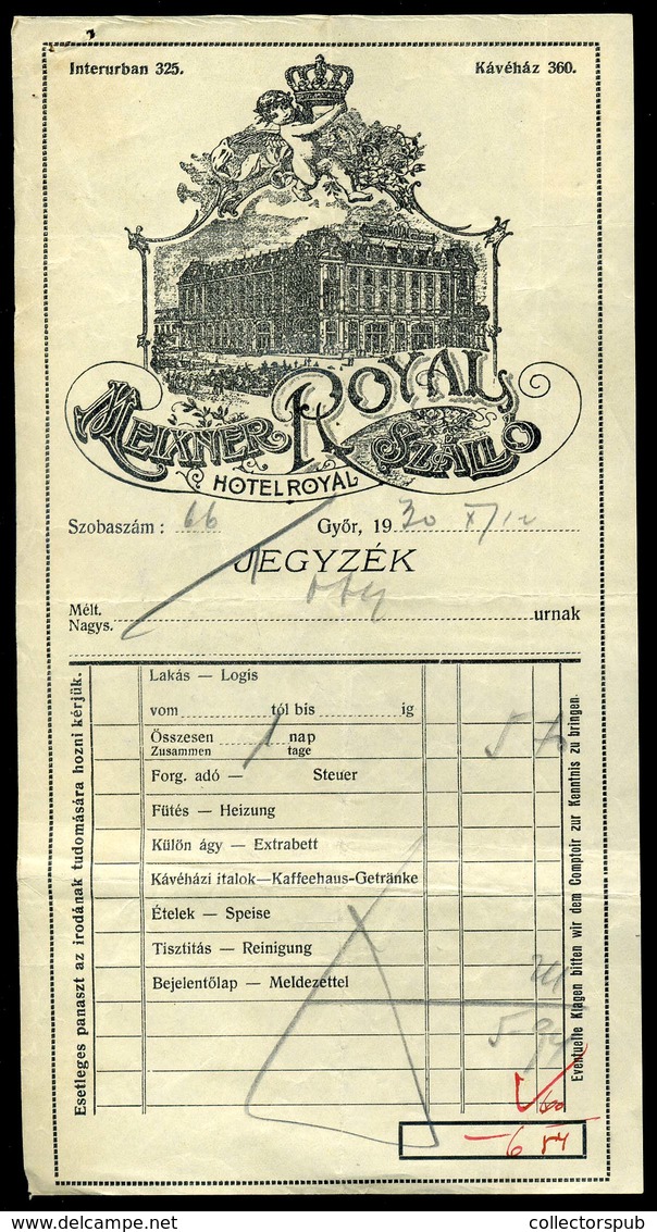 GYŐR 1920. Meixner Royal Hotel , Fejléces Céges Számla  /   Decorative Letterhead Bill - Unclassified