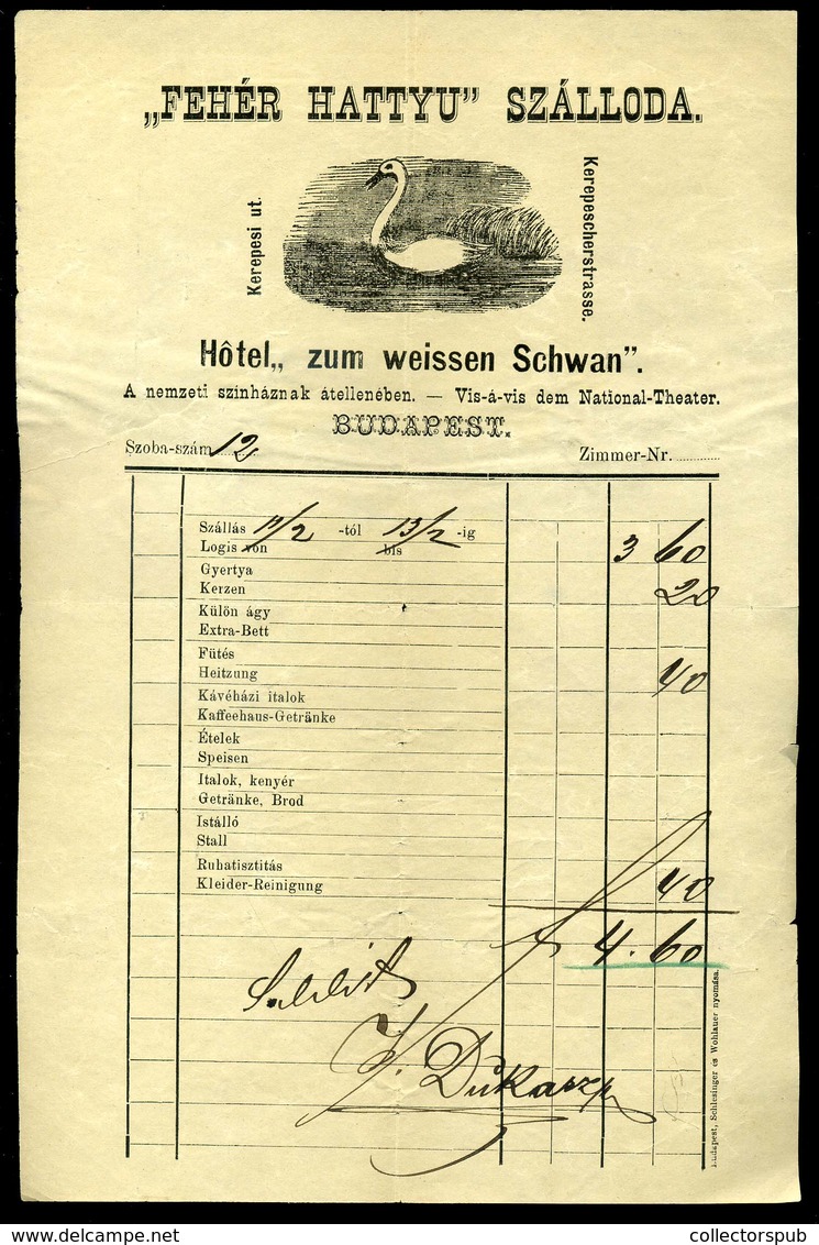 BUDAPEST 1885. Cca Fehér Hattyú Szálloda , Fejléces,metszetes Díszes Számla  /   Decorative Letterhead Bill, White Swan  - Non Classés