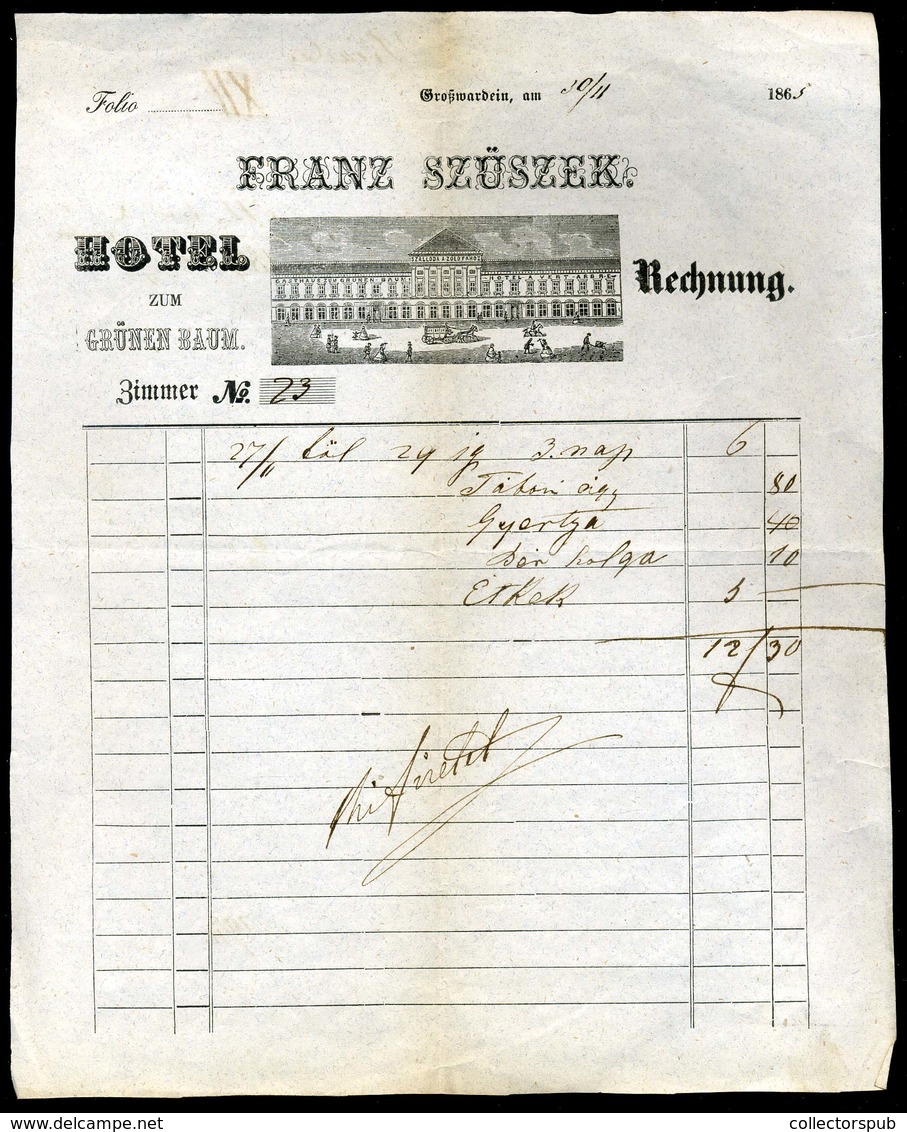 NAGYVÁRAD 1865. Zöld Fa Vendégfogadó, Dekoratív Metszetes,fejléces Számla  /   Decorative Letterhead Bill, Green Tree In - Unclassified