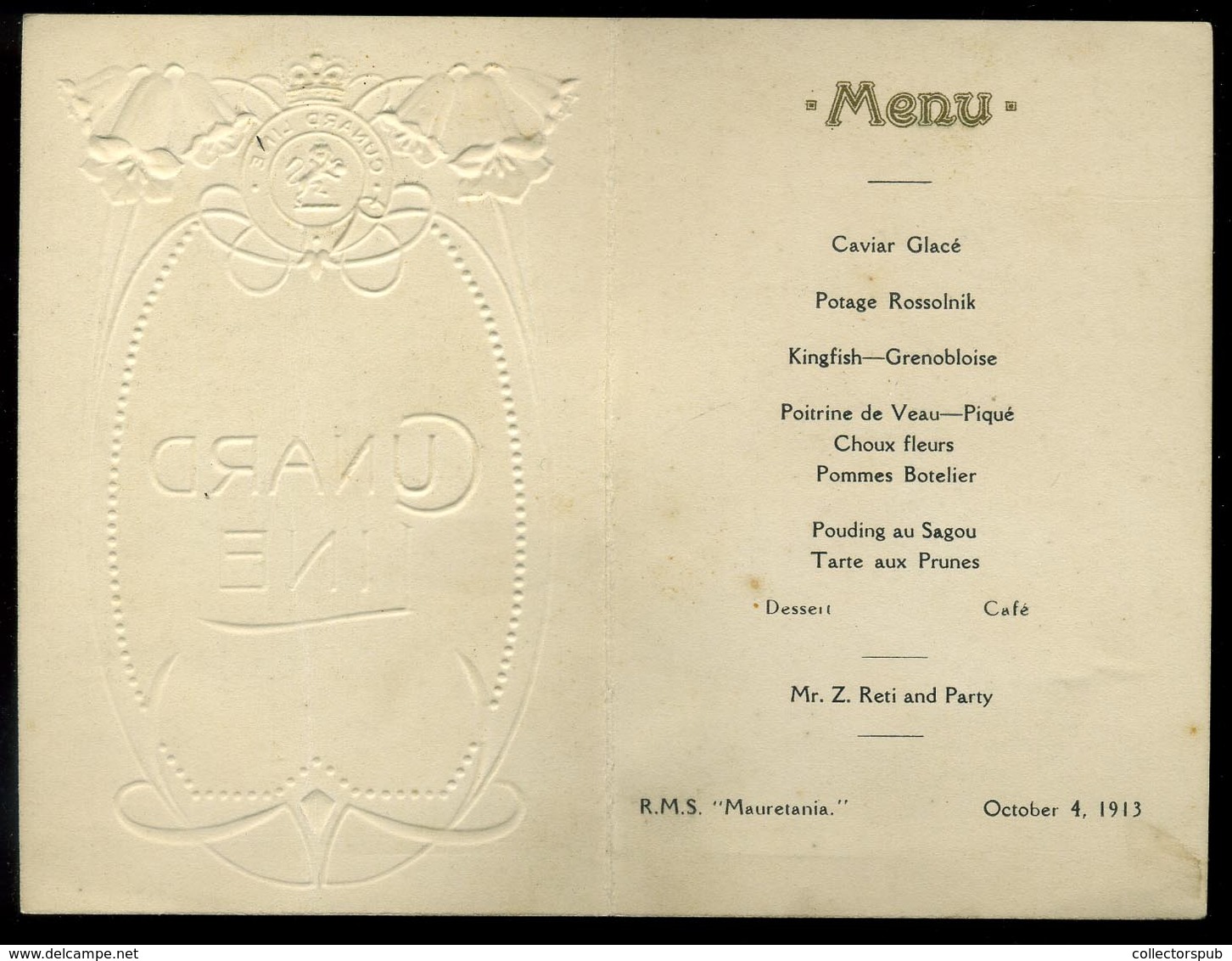 CUNARD RMS Mauretania óceánjáró Hajó Menükártya 1913.  /  MENU CARD RMS Mauretania Ocean Liner - Menus