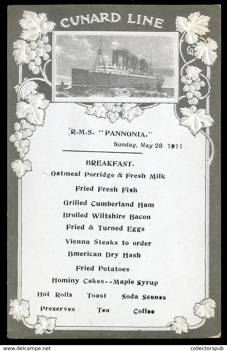 CUNARD RMS Pannonia Hajó , Dekoratív Menükártya 1911.  /  MENU CARD RMS Pannonia, Decorative - Menus