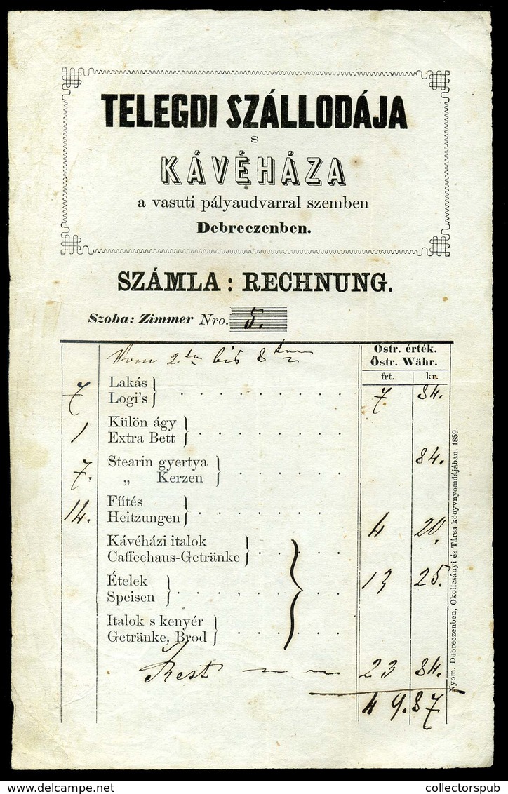 DEBRECEN 1860. Telegdi Szállodája és Kávéháza , Dekoratív, Korai Fejléces Számla. Ritka!  /   Decorative Letterhead Bill - Unclassified