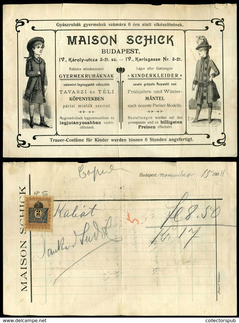 BUDAPEST 1904. Maison Schick, Gyermekruhák, Fejléces,céges Számla  /   Decorative Letterhead Bill, Child Clothes - Unclassified