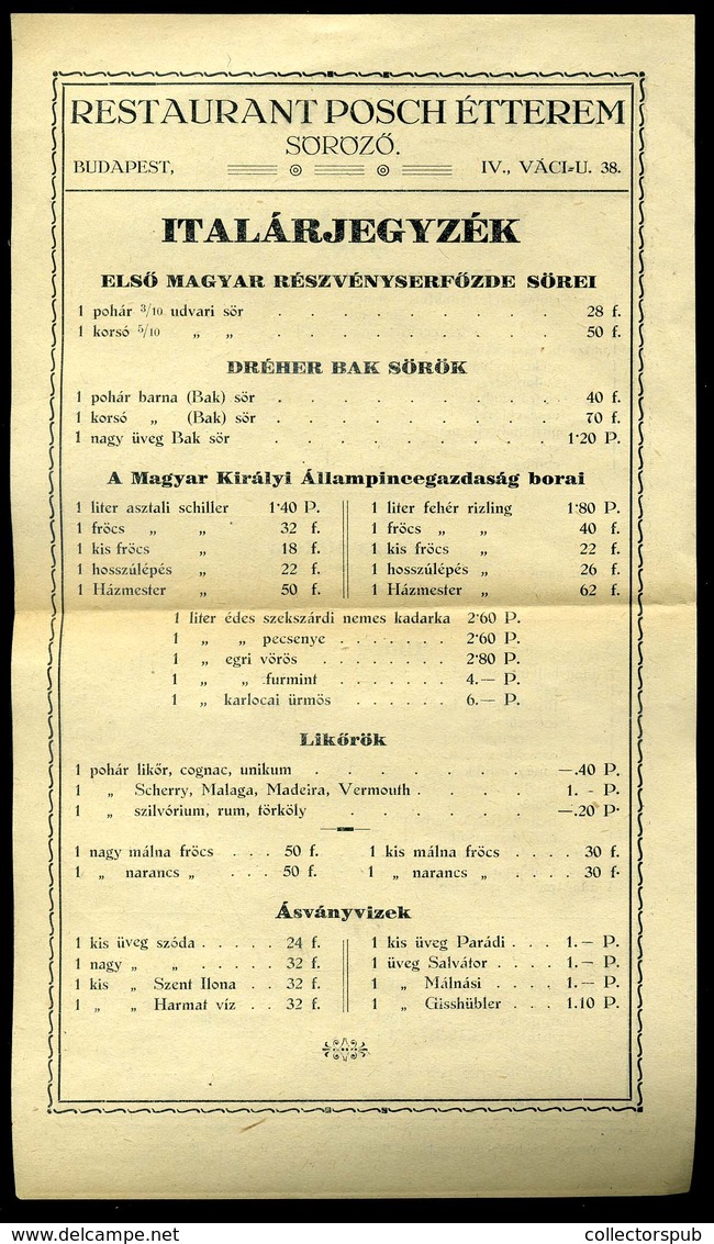 BUDAPEST 1935-40. Posch Étterem Söröző, étel és Ital Árjegyzék  /  Posch Restaurant Price List - Menus