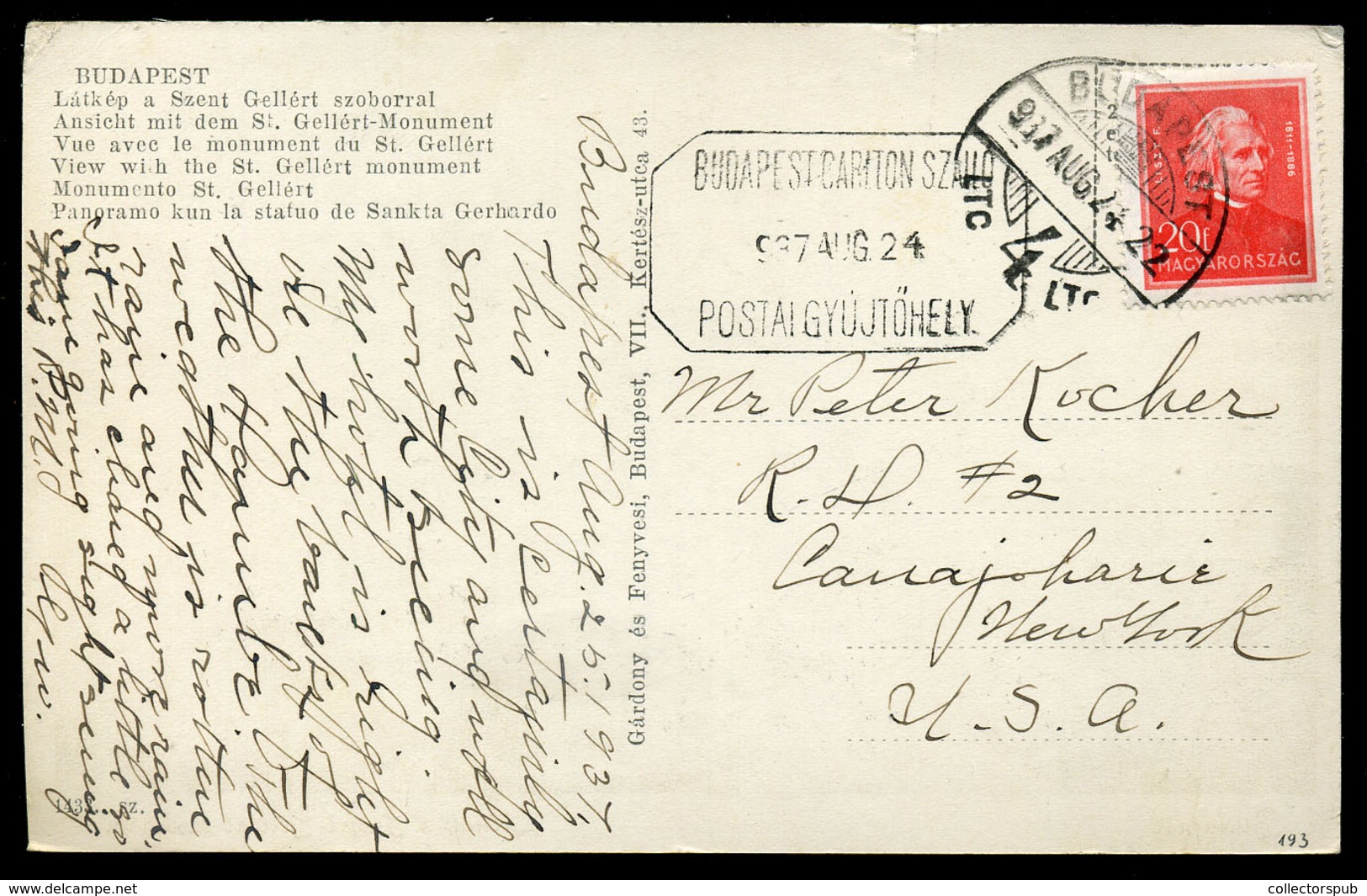 BUDAPEST 1937. Képeslap Arcképek 20f, Igen Ritka Budapest Carlton Szálló Postai Gyűjtőhely Bélyegzéssel  /  Vintage Pic. - Lettres & Documents