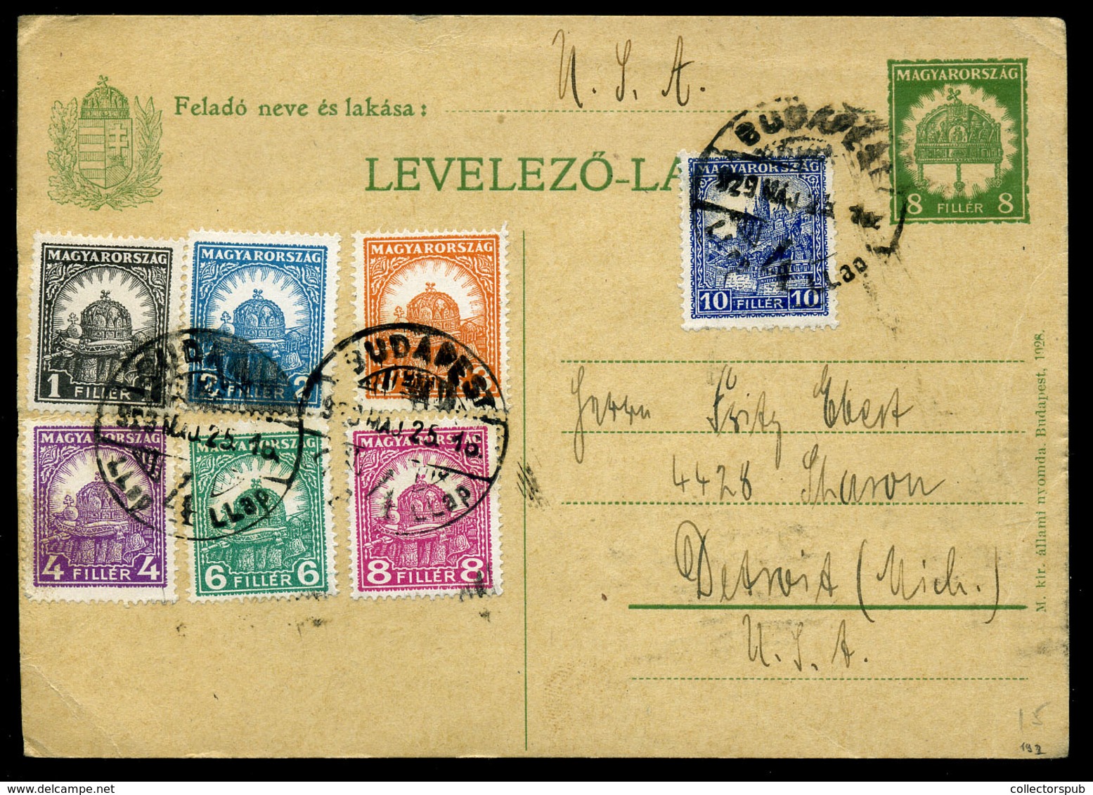 BUDAPEST 1929. Hét Bélyeggel (7 Címlet) Kiegészített Díjjegyes Levlap Az USA-ba Küldve  /  7 Stamp (7 Denominations) Upr - Lettres & Documents