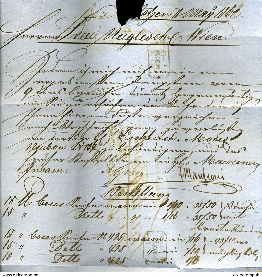 AUSZTRIA BOTZEN 1862. Bérmentesítés Nélkül Továbbított Levél Bécsben Helyi Levélként Feladva Portó és Büntető Portó Bély - Oblitérés