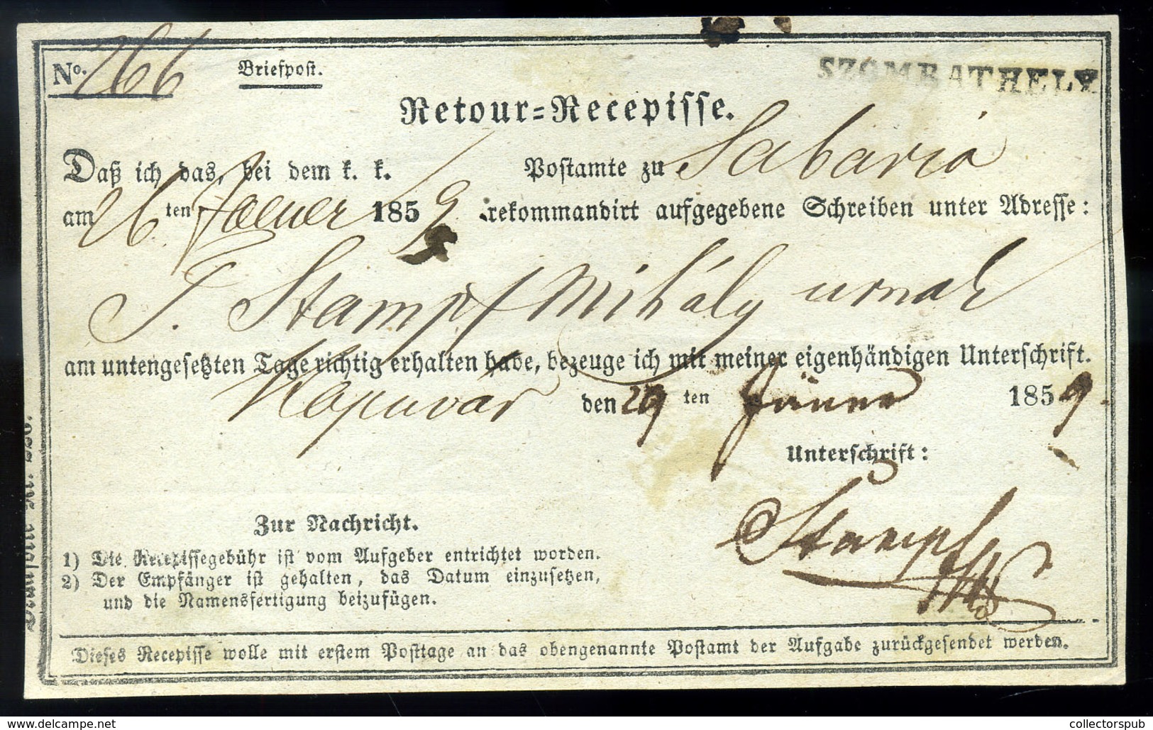 1859. 10Kr Retour-Recepisse Nyomtatvány Hátoldalán, Kapuvár-Szombathely . Szép Darab!  /  10 Kr Retour-Recepisse Documen - Oblitérés