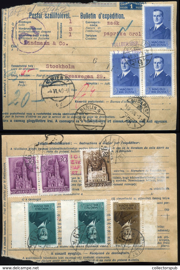 BUDAPEST 1940. Teljes Bérmentesítésű (felül Hiányos) Csomagszállító Svédországba Küldve, Horthy 3*5P (!) +2P+1P + Templo - Covers & Documents