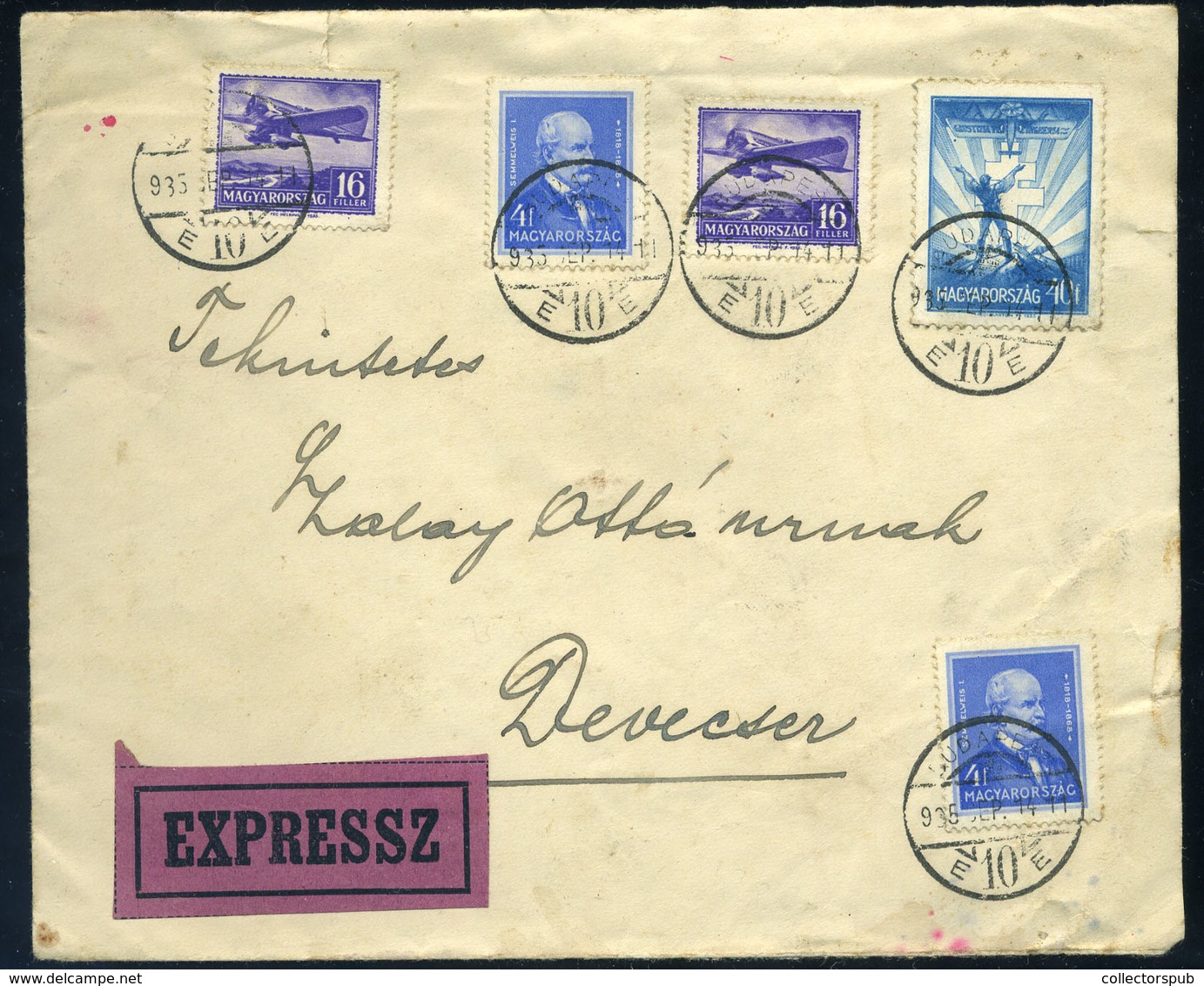 BUDAPEST 1935. Expressz Levél Arcképek-repülő Bérmentesítéssel Devecserbe / BUDAPEST 1935 Express Letter Portraits-airpl - Lettres & Documents