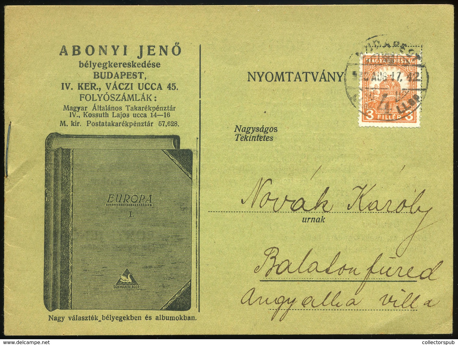 BUDAPEST 1930. Postázott Abonyi Bélyegárjegyzék Balatonfüredre Küldve. Szép!  /  BUDAPEST 1930 Mailed Abony Stamp Price  - Covers & Documents