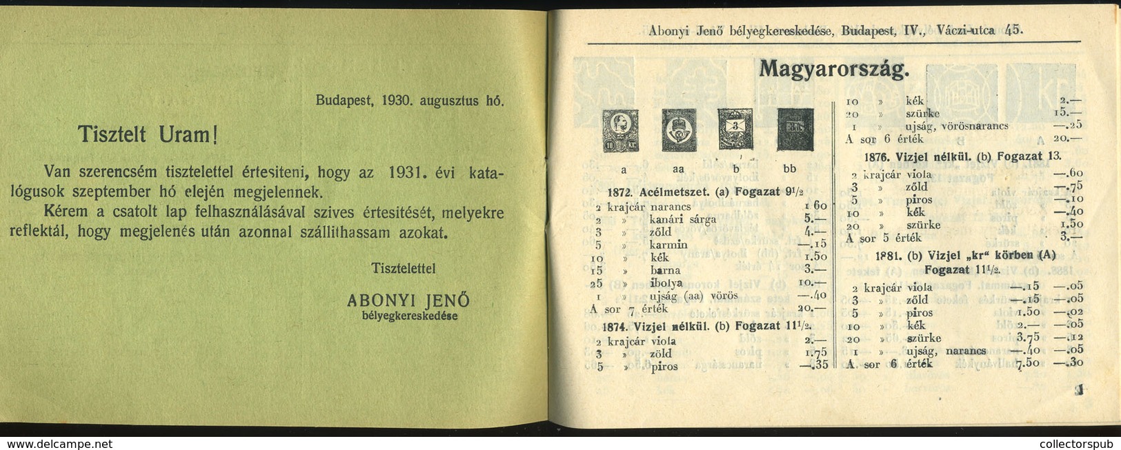 BUDAPEST 1930. Postázott Abonyi Bélyegárjegyzék Balatonfüredre Küldve. Szép!  /  BUDAPEST 1930 Mailed Abony Stamp Price  - Covers & Documents