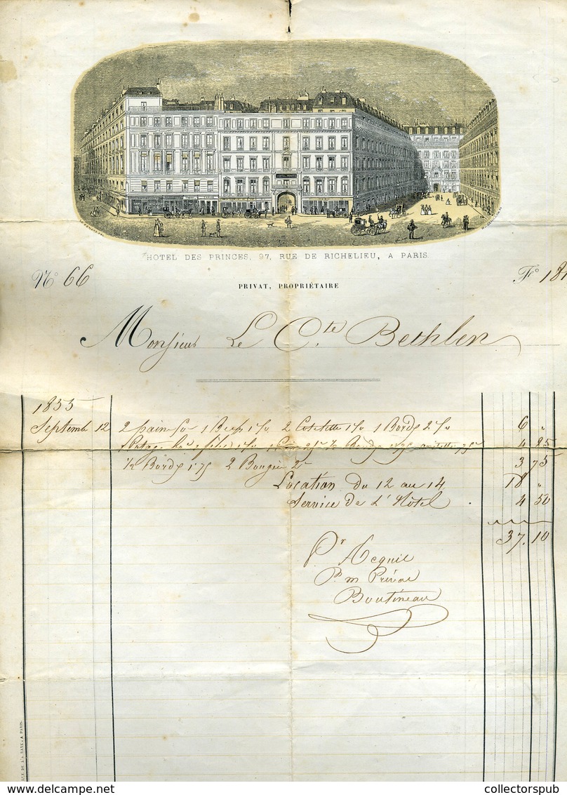 FRANCIAORSZÁG Párizs 1880. Cca Hotel Des Princes, Dekoratív Fejléces , Litografált Számla  /   Decorative Letterhead Bil - Autres & Non Classés