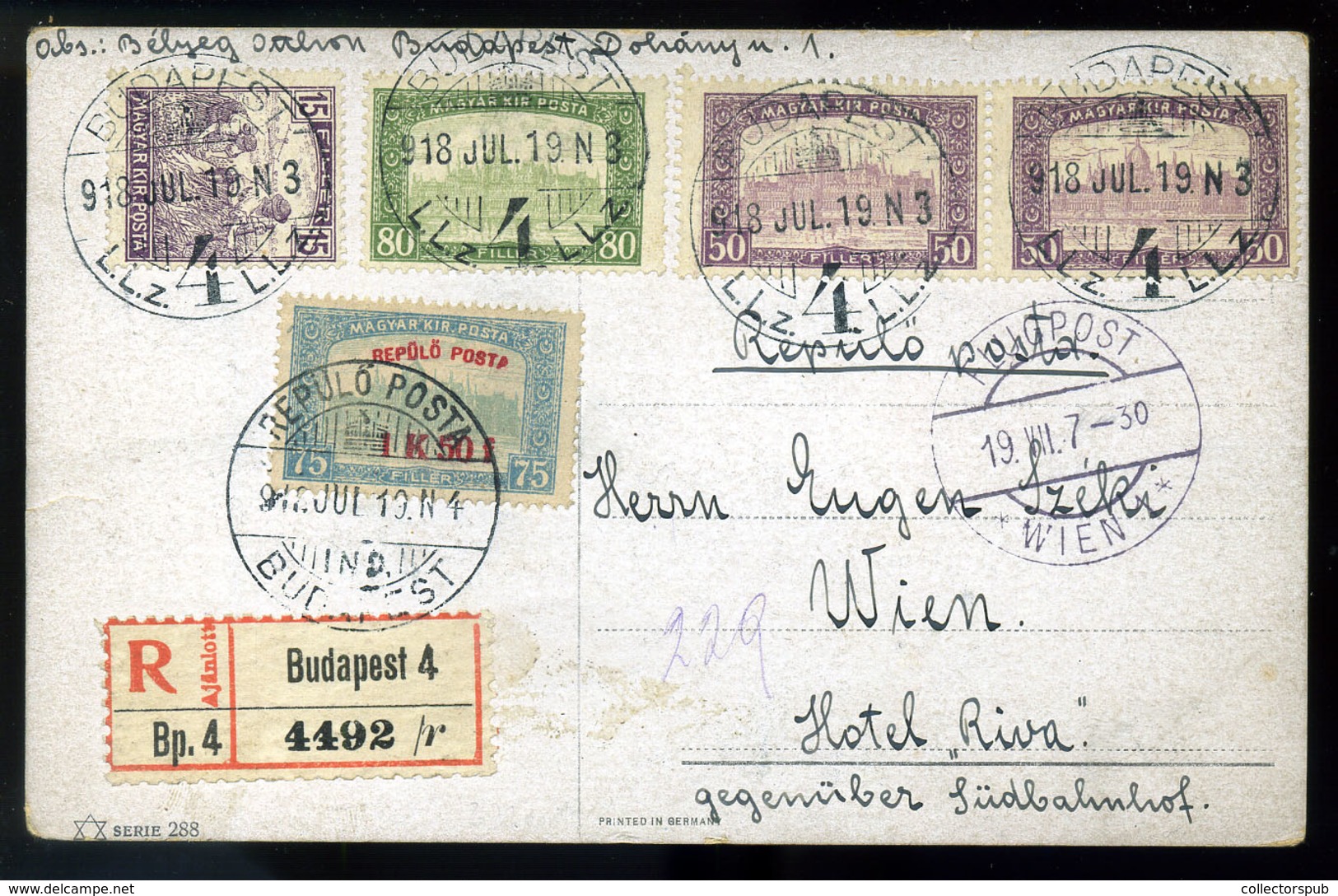 BUDAPEST 1918.07.19. Ajánlott Légi Képeslap Bécsbe Küldve  /  Reg. Airmail  Vintage Pic. P.card To Vienna - Used Stamps