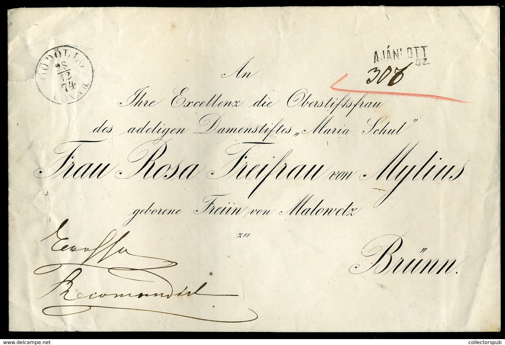 GÖDÖLLŐ 1874. Ajánlott Levél, A Királyi Családnak Járó Portómentességgel Brűnbe Küldve. Ritka Darab!  /  Reg. Letter Roy - Used Stamps