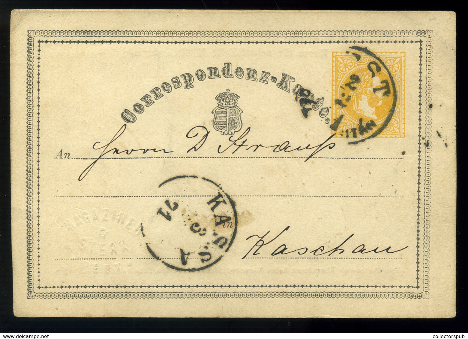 PEST 1871. Díjjegyes Levlap Kassára Küldve, Vakdombor Céges Nyomással,  "MAGAZINER & STERK /PEST"   /  Stationery P.card - Used Stamps