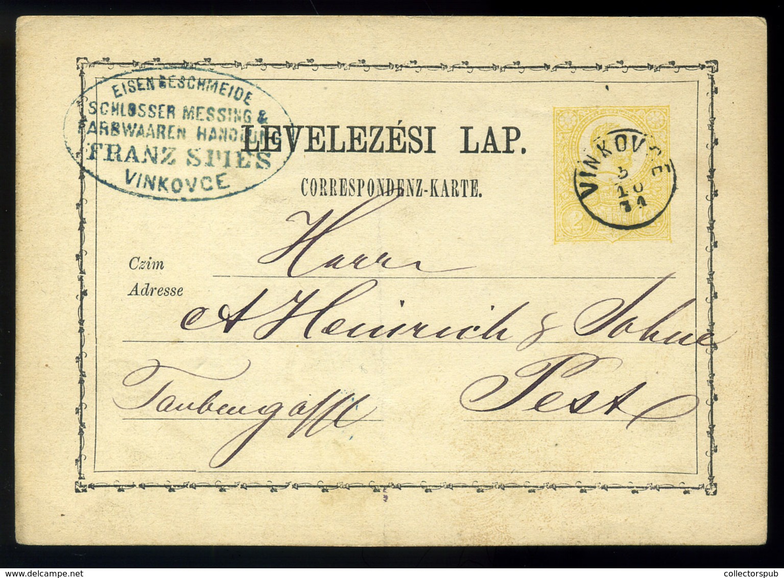 VINKOVCE 1871. Díjjegyes Levlap, Szép Gyűszű és Céges Bélyegzéssel Pestre  /  Stationery P.card Nice Thimple And Corp. P - Used Stamps