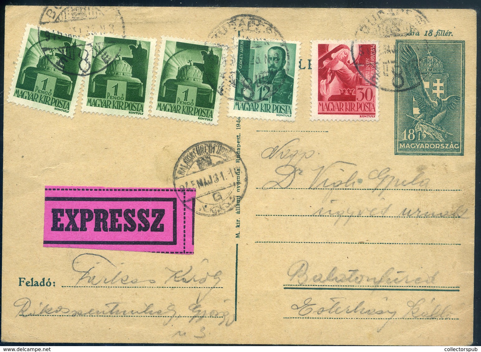 BUDAPEST 1945. 05.31. Expressz Kiegészített Díjjegyes Levlap Balatonfüredre  /  Express Uprated Stationery P.card To Bal - Lettres & Documents
