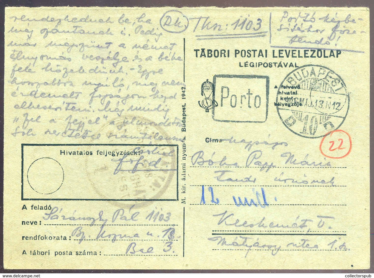 BUDAPEST 1946.05.13. (19 Dsz) Börtöncenzúrás Levlap Kecskemétre Küldve, Portózva. "Portó Kézbesítéskor Fizetendő"  /  Pr - Lettres & Documents