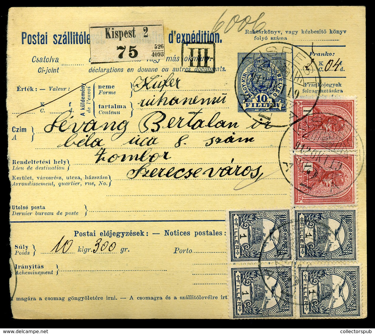 KISPEST 1912. Csomagszállító Zomborba Küldve  /   Parcel P.card To Zombor - Used Stamps