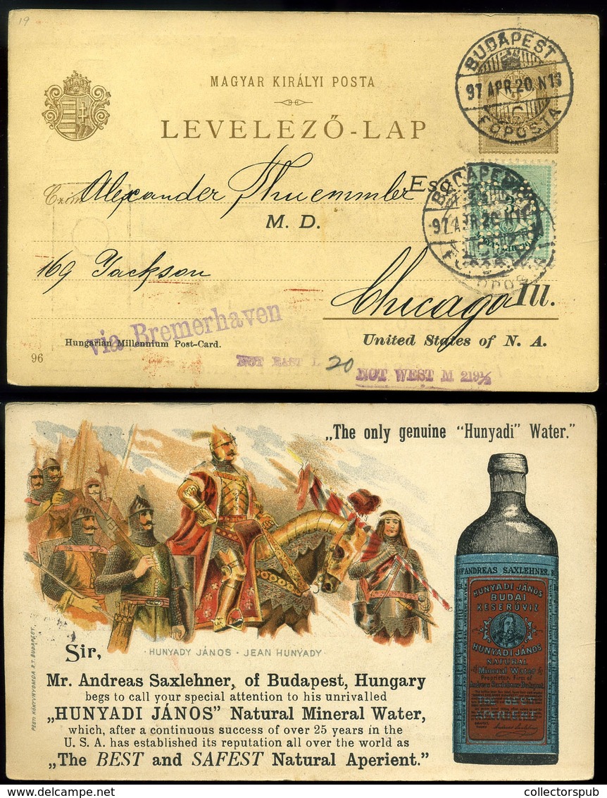 BUDAPEST 1897. Hunyadi János , Saxlehner Reklámos Millenniumi Díjjegyes Lap, 3Kr Céglyukasztásos,bélyeg Kiegészítéssel A - Used Stamps