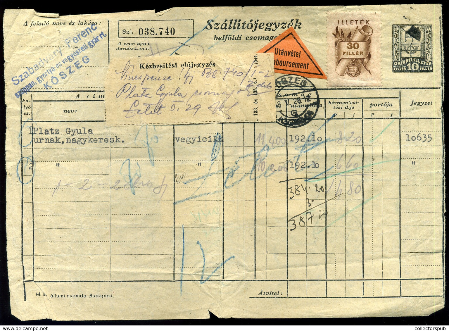 KŐSZEG 1948. Szállítójegyzék Ceglédre Küldve  /  Bill Of Freight To Cegléd - Lettres & Documents