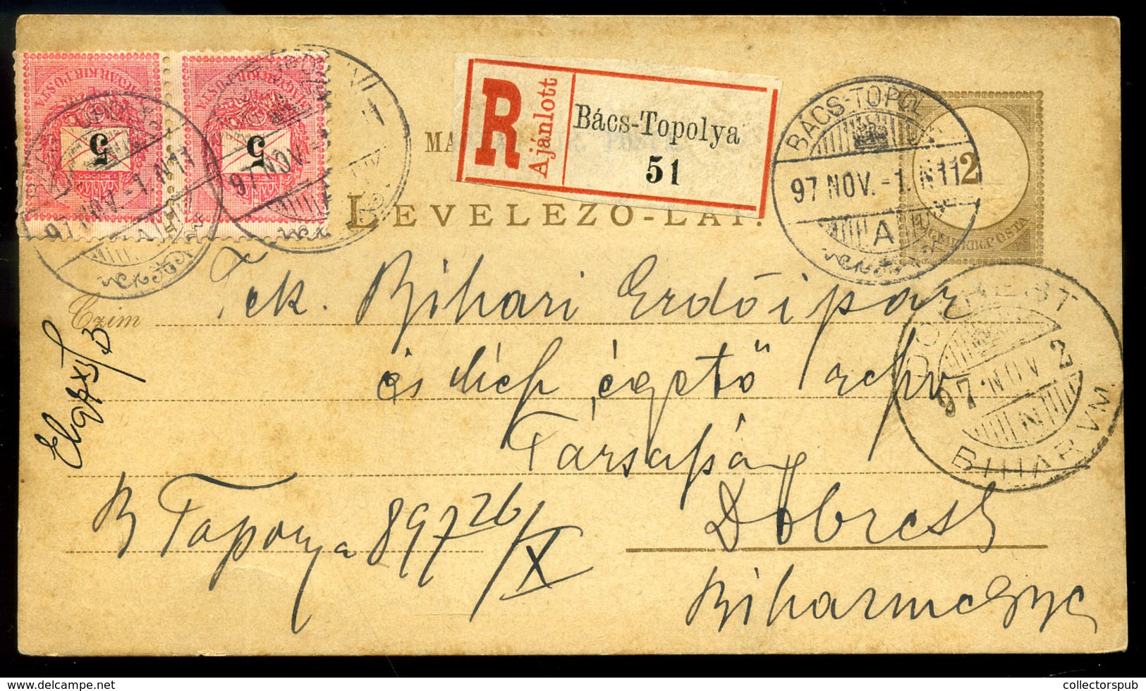 BÁCSTOPOLYA 1897. Ajánlott, 2*5Kr-ral Kiegészített Díjjegyes Lap Dobrestbe Küldve  /  Reg. 2*5Kr Uprated Card To Dobrest - Oblitérés