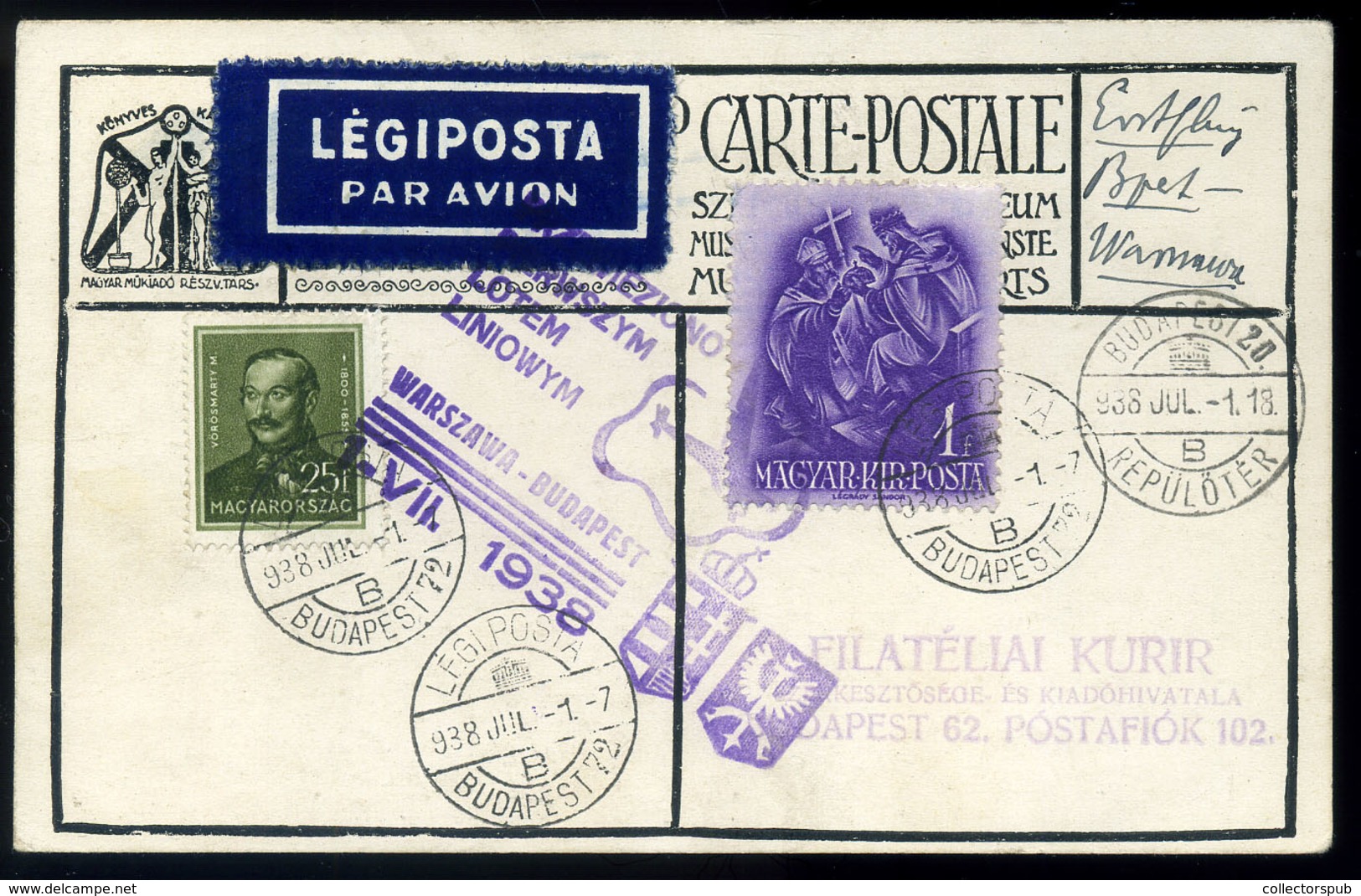 1938.  BUDAPEST -WARSZAWA Dekoratív Légi Képeslap  /  BUDAPEST-WARSAW Decorative Airmail  Vintage Pic. P.card - Used Stamps