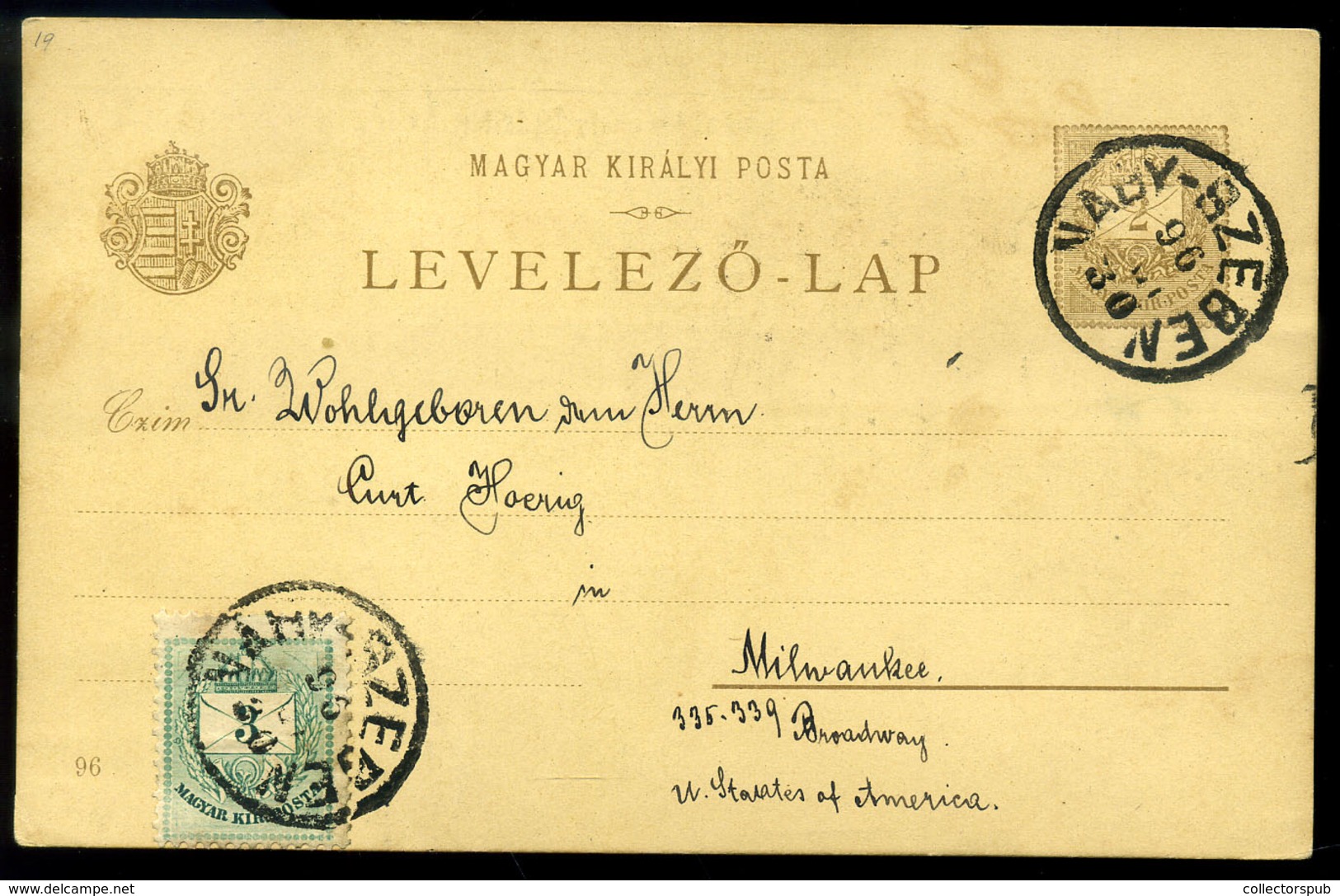 NAGYSZEBEN 1896. Millenniumi 2Kr Díjjegyes 2Kr Kiegészítéssel Az USA-ba Küldve  /  Millennium 2 Kr Stationery 2 Kr Uprat - Oblitérés