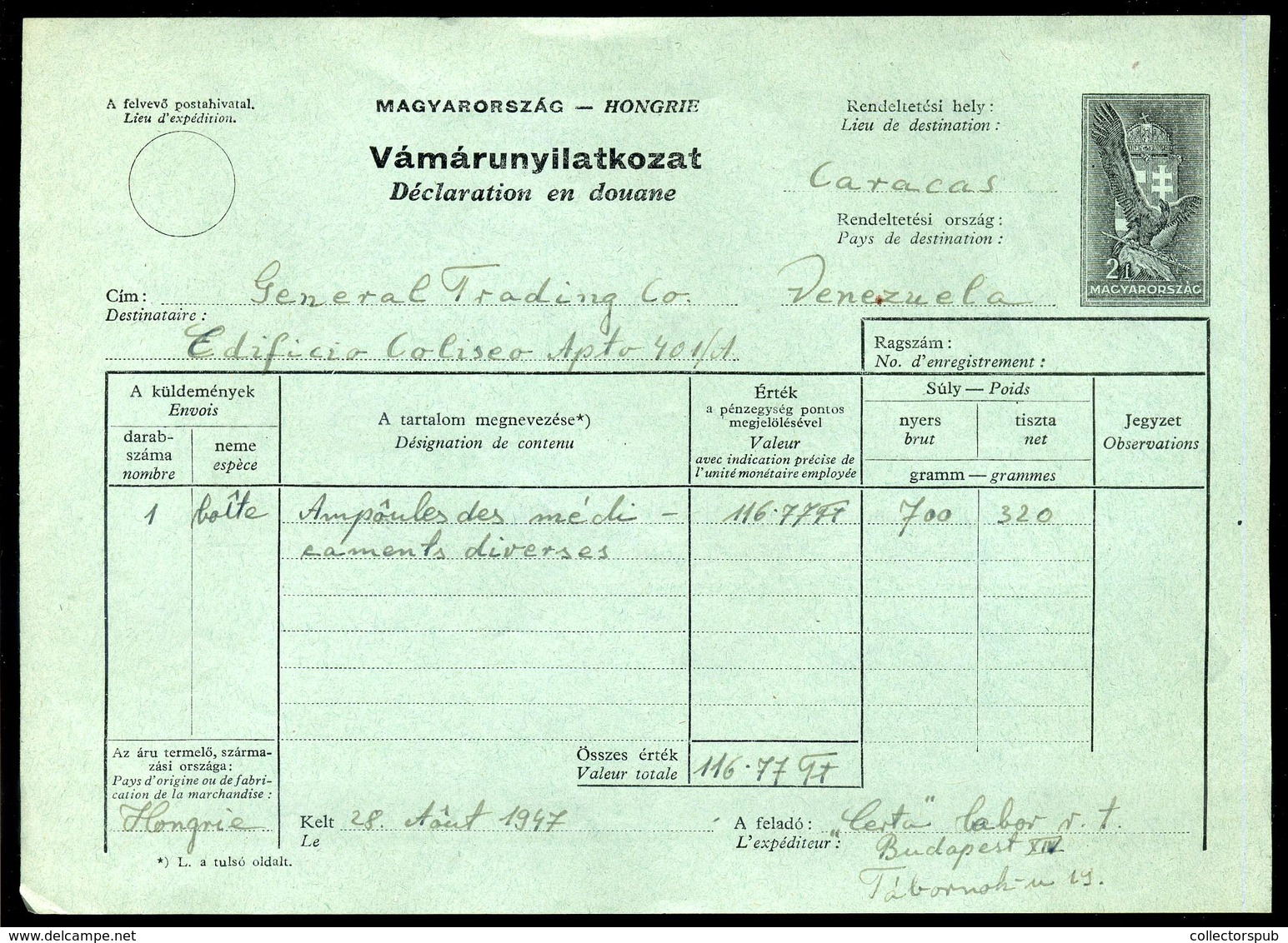 1940. Díjjegyes Vámárunyilatkozat 1947-ben Felhasználva  /  Stationery Customs Form Used In 1947 - Lettres & Documents
