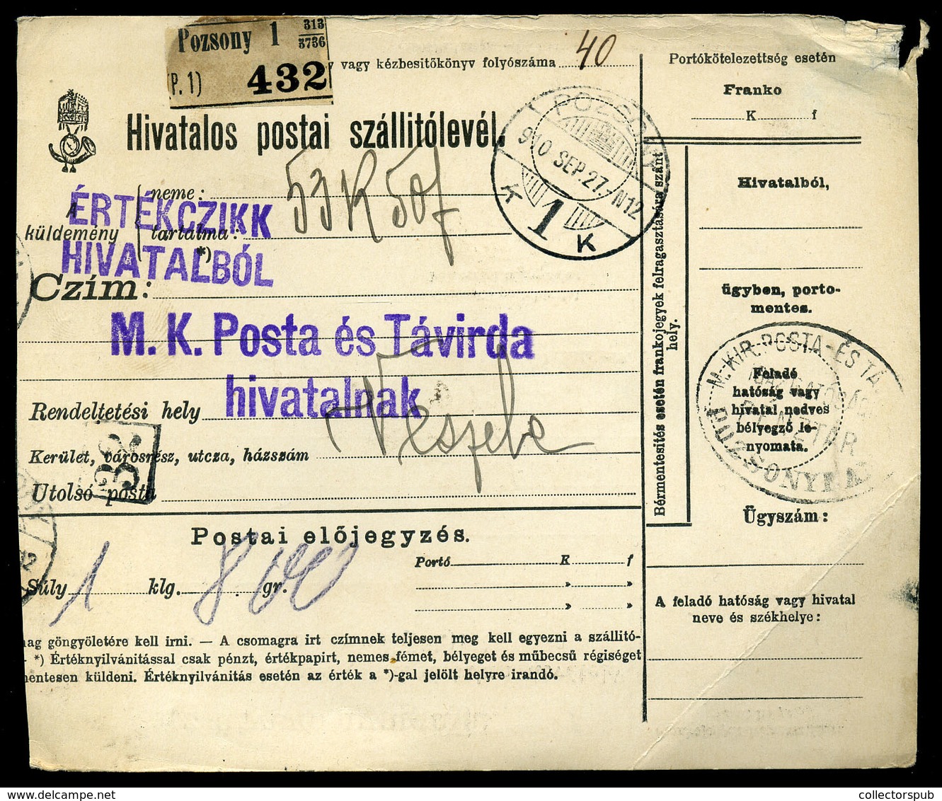 POZSONY 1910. Hivatalos Postai Szállítólevél Veszelére Küldve   /  Official Postal Parcel P.card To Veszele - Oblitérés