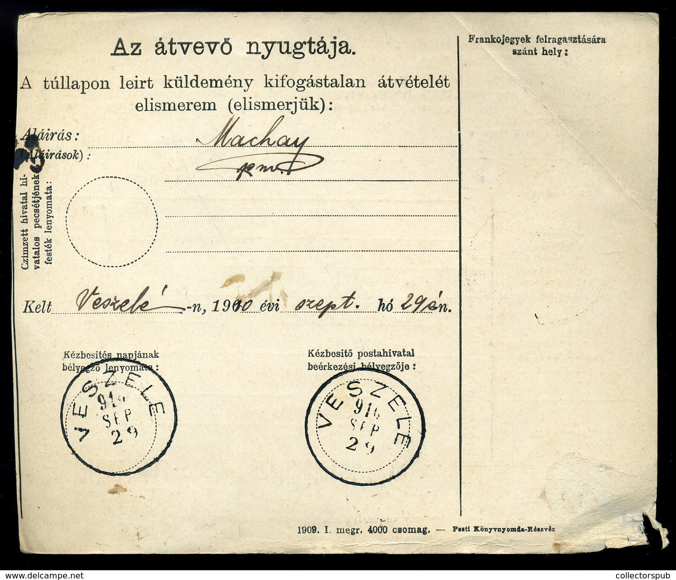 POZSONY 1910. Hivatalos Postai Szállítólevél Veszelére Küldve   /  Official Postal Parcel P.card To Veszele - Oblitérés