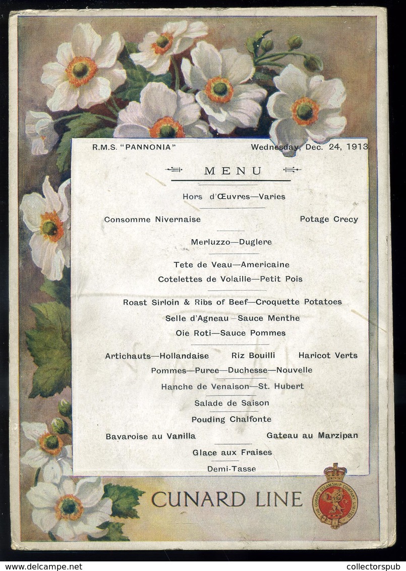 CUNARD RMS Pannonia Hajó , Dekoratív Menükártya 1913.  /  MENU CARD  RMS Pannonia, Decorative - Menus