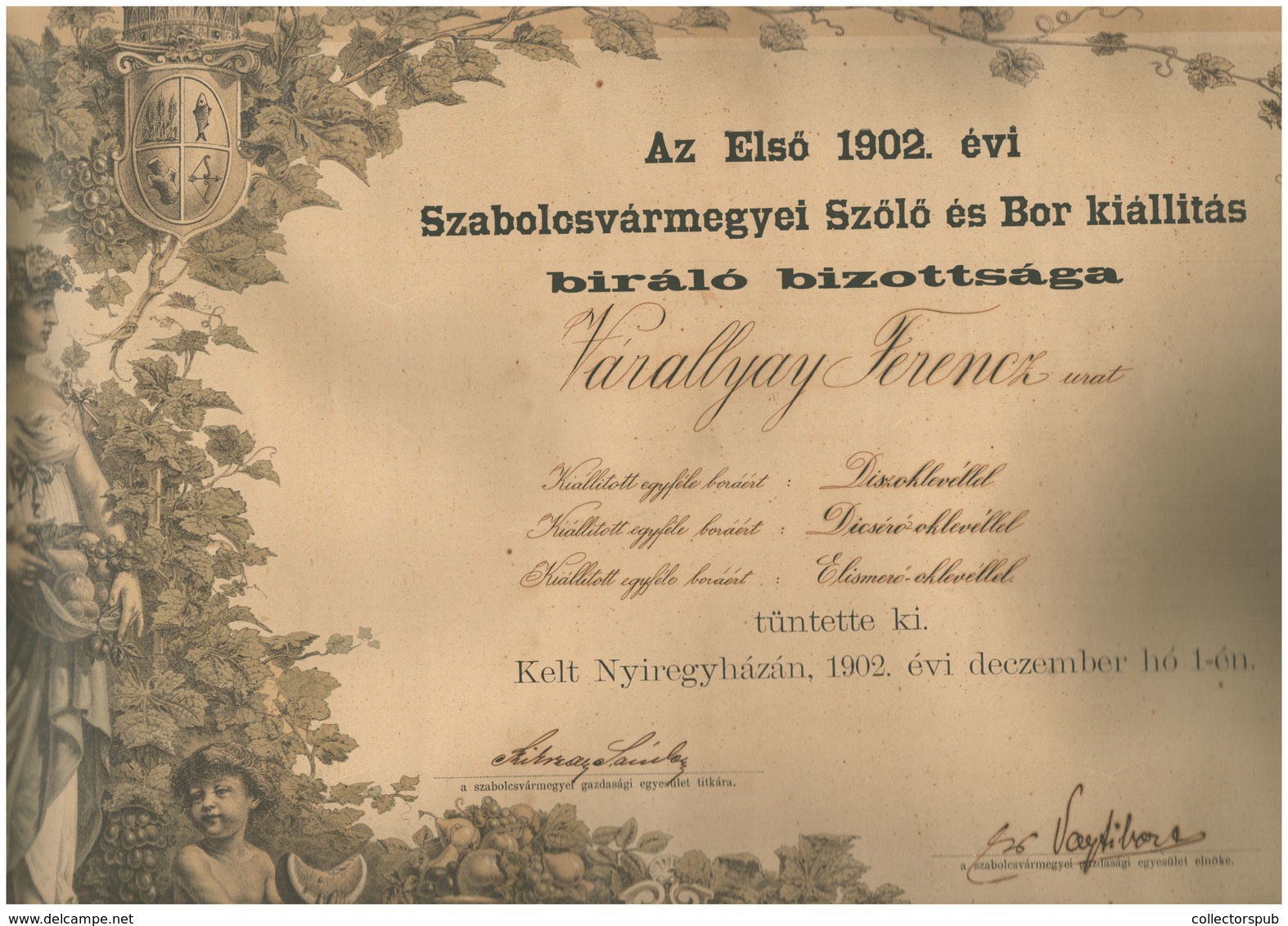 1902. Első Szabolcs Vármegyei Szőlő és Bor Kiállítás, Dekoratív Litografált Diploma, Szép állapotban (több Részben Szken - Non Classés