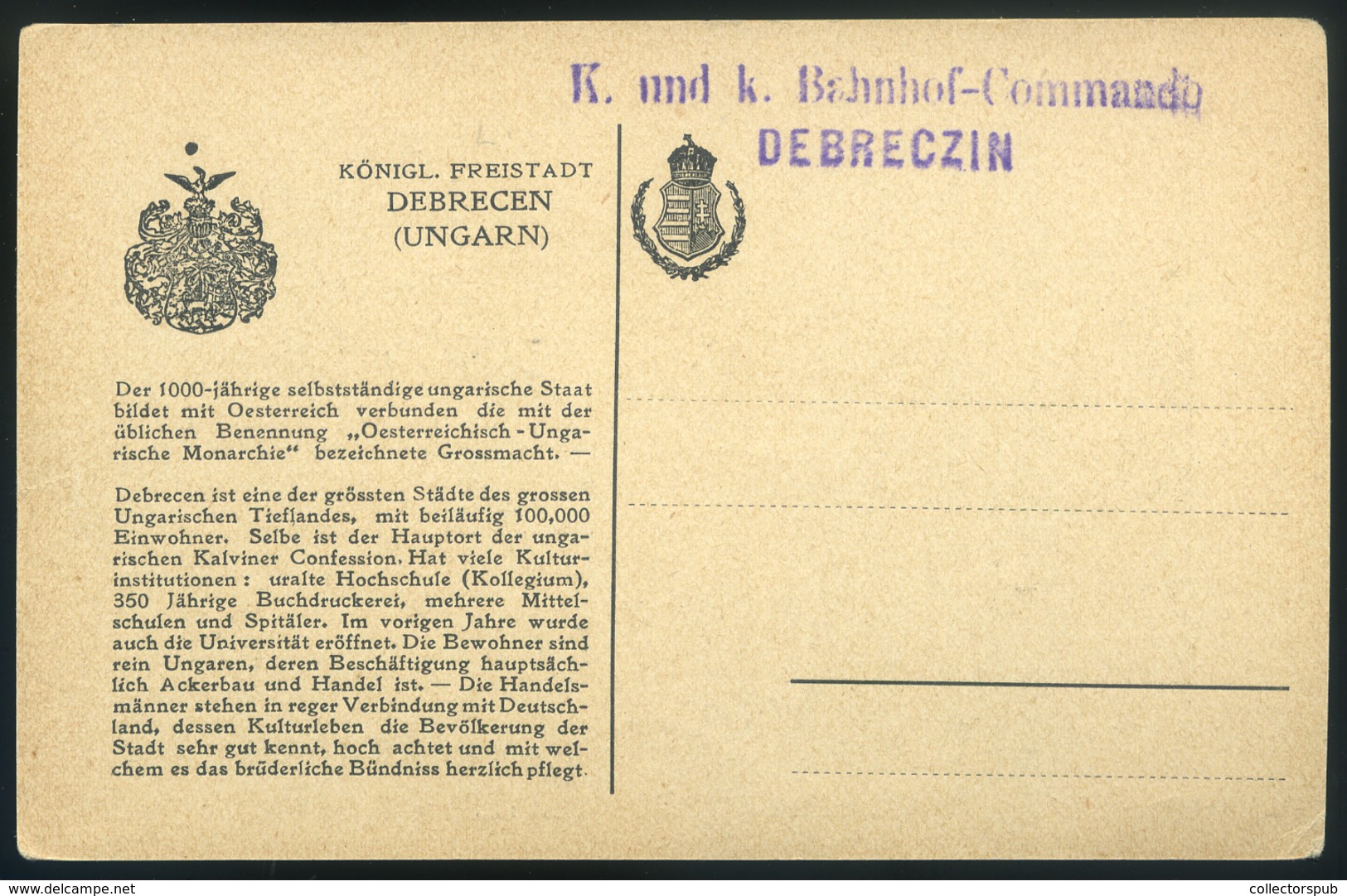 DEBRECEN I.VH-s Kiadás, Hátoldalon Címerrel, Régi Képeslap  /  WW I. Issue Coat-of-arms On Back   Vintage Pic. P.card - Hongrie