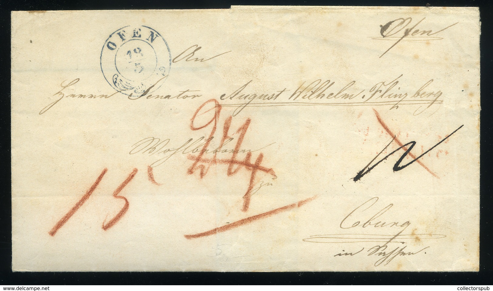 BUDA 1848.05.19. Portós Levél , Kék Bélyegzéssel August Wilhelm Flinzberg Szenátornak Coburgba Küldve  /  Unpaid Letter  - ...-1867 Préphilatélie