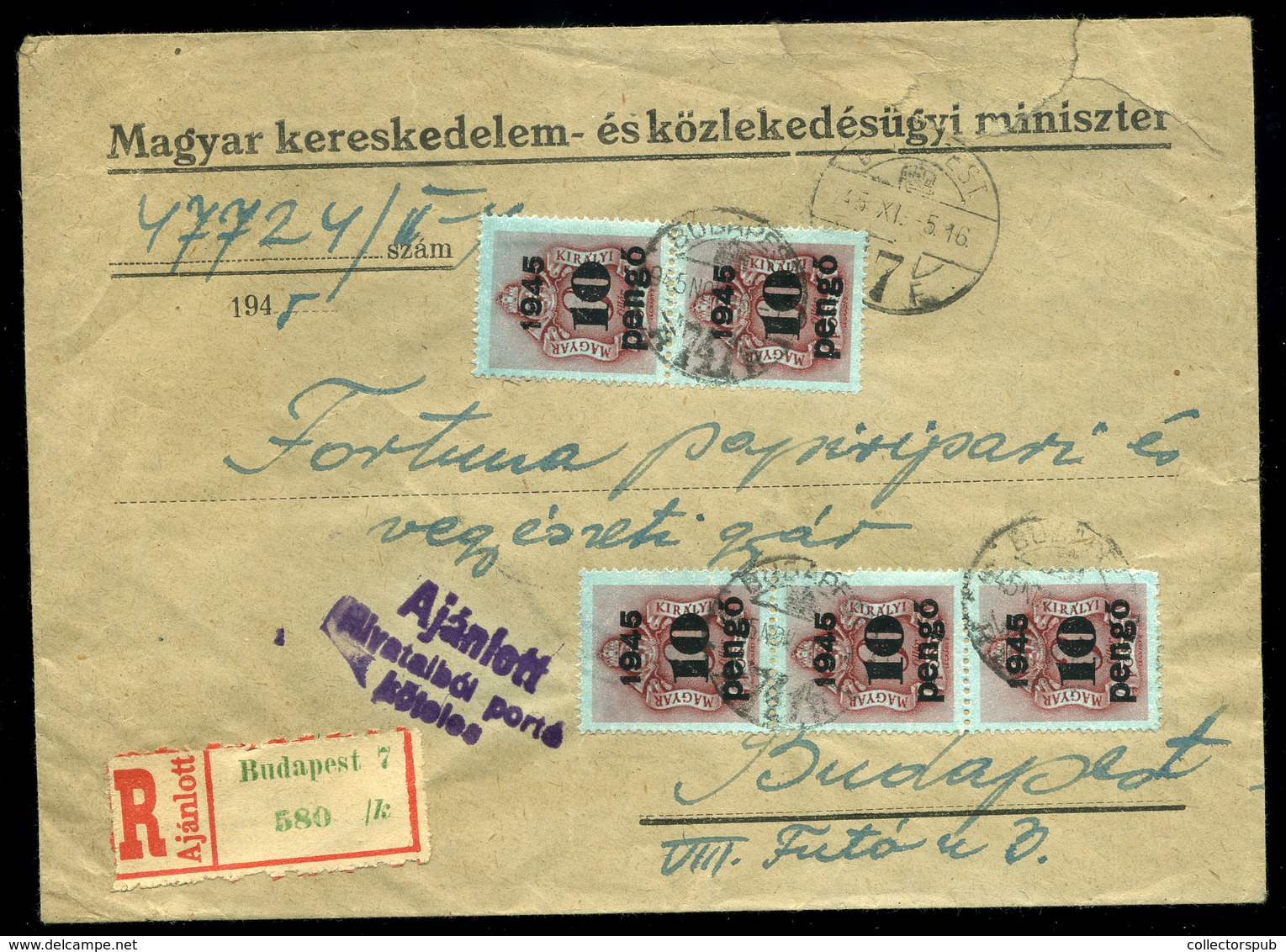 BUDAPEST 1945.11. Helyi Ajánlott Levél 12*10P Inflációs Portózással  /  Local Reg. Letter 12*10P Infl Postage Due - Storia Postale