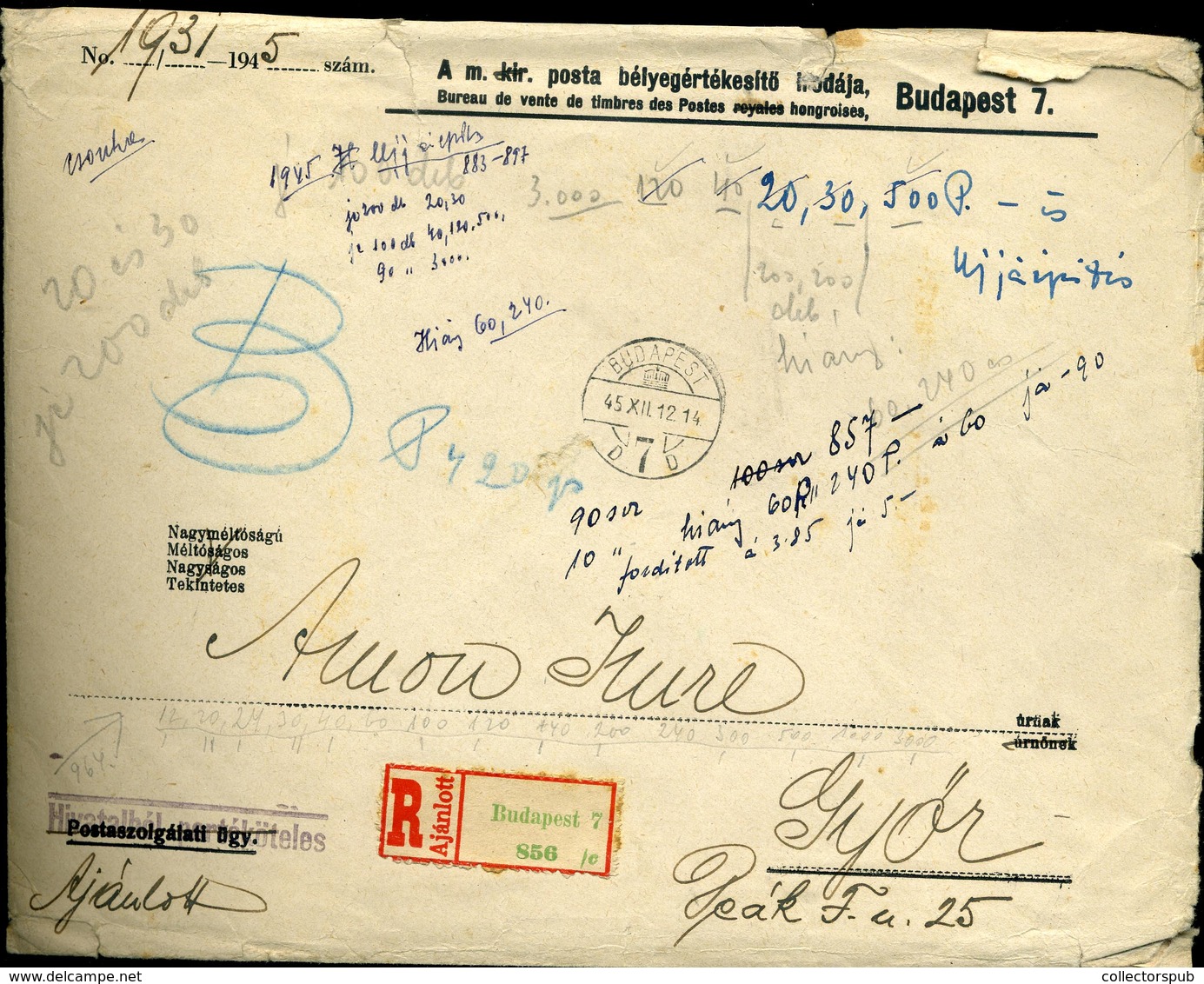 BUDAPEST 1945.12. Ajánlott Levél Győrbe Küldve 42*10P Portózással. Ritka Inflációs-portós Darab!  /  Reg Letter To Győr  - Covers & Documents