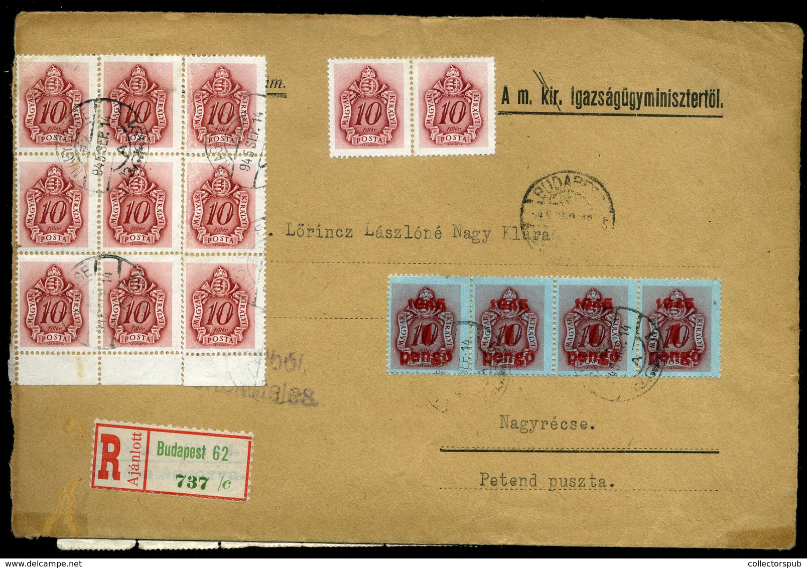 BUDAPEST 1945.09.14. Ajánlott Levél Győrbe Küldve, 60 (!) Db Portó Bélyeggel, Vegyes Portózással. Kiállítási Portós és I - Storia Postale