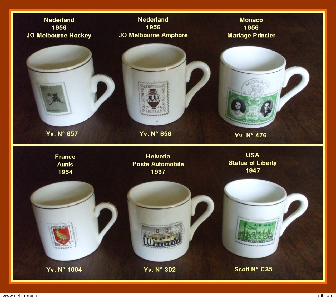 Service 6 Tasses Porcelaine Anciennes Imprimées Timbres Et Dorure (R) Voir Sur Scan ! - Kopjes