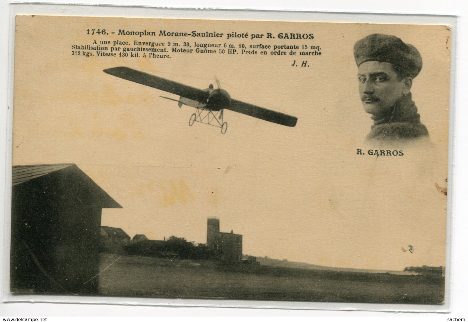 AVIATION  Aviateur Roland GARROS  Sur  Avion Monoplan Morane Saulnier  No 1746 Edit J.H      D05 2019 - Autres & Non Classés