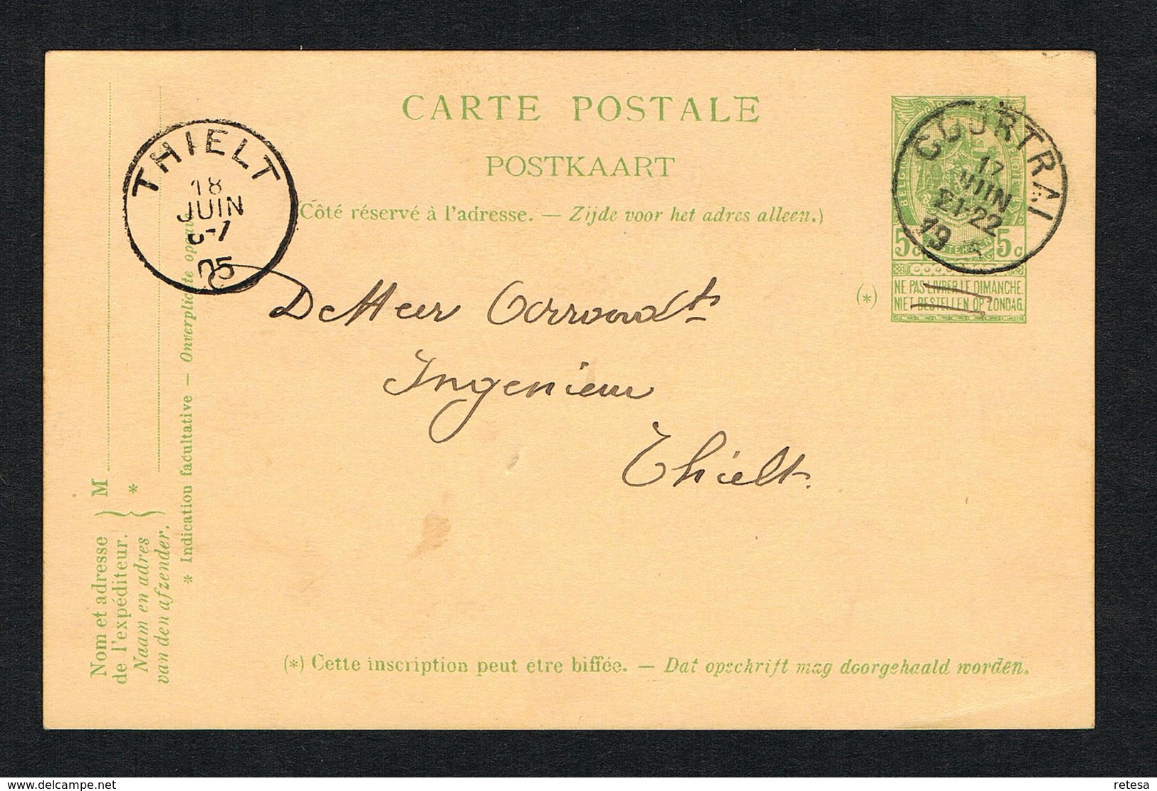 // OUDE POSTKAART  CARTE POSTALE  COURTRAI - THIELT 1905 - 1893-1907 Coat Of Arms