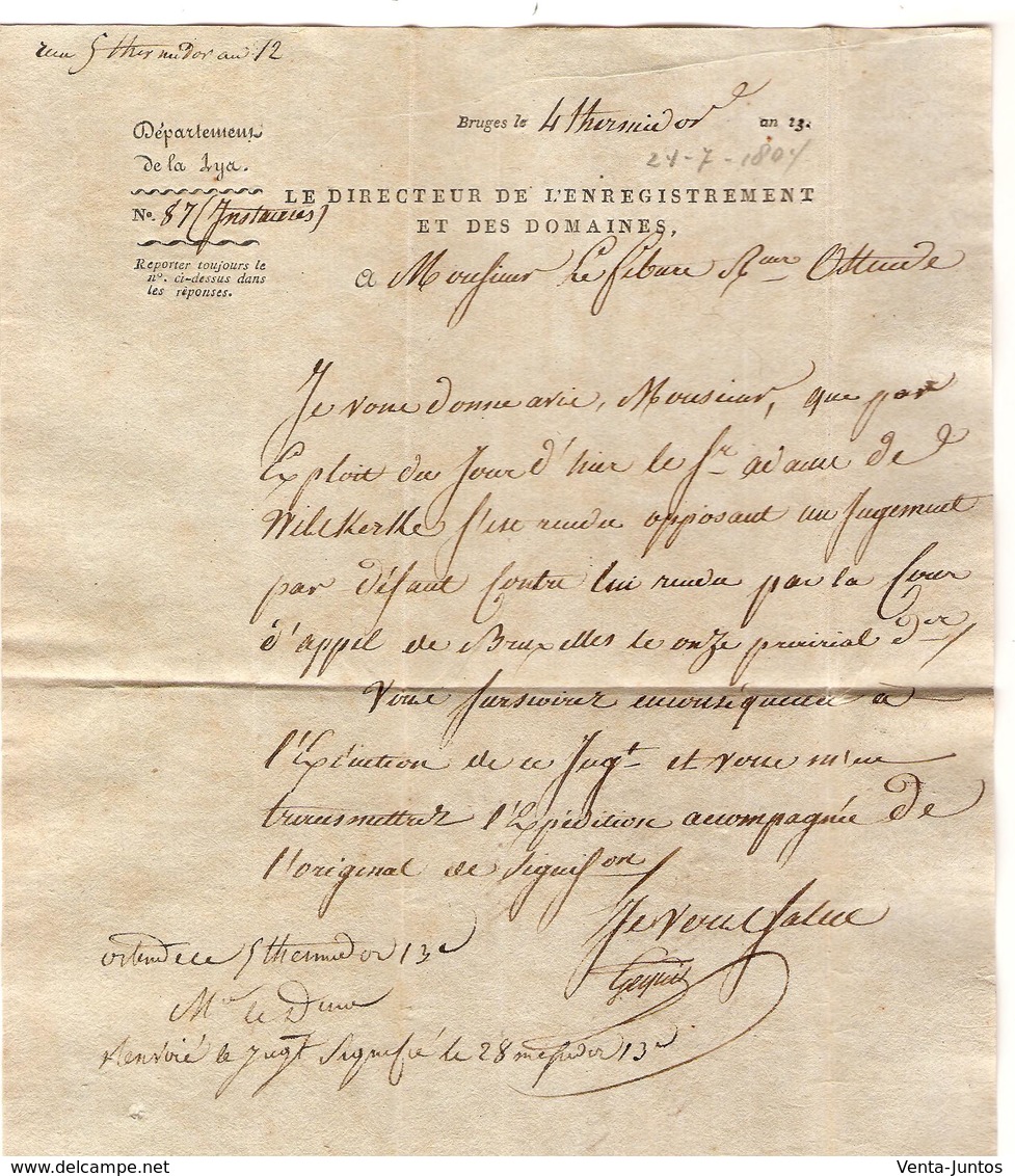 AOP12/ Précurseur Daté De Bruges 4 Thermidor An 13(24/7/1804)Dpt Lya Directeur Enregistrement Domaines Port 3 V.Ostende - 1794-1814 (Französische Besatzung)