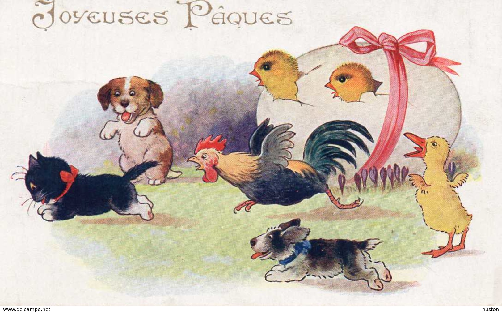 JOYEUSES PAQUES - Coq, Chien, Canard, Poussins, Courant Après Un Chat Noir - Cats