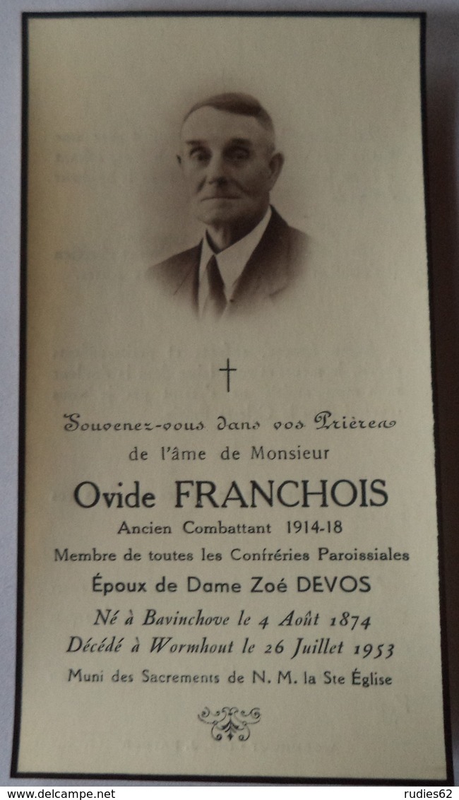 Bavinchove - Worhmout - Wemaers Cappel : Image Mortuaire FRANCHOIS Ovide (X DEVOS Zoé) - Décès